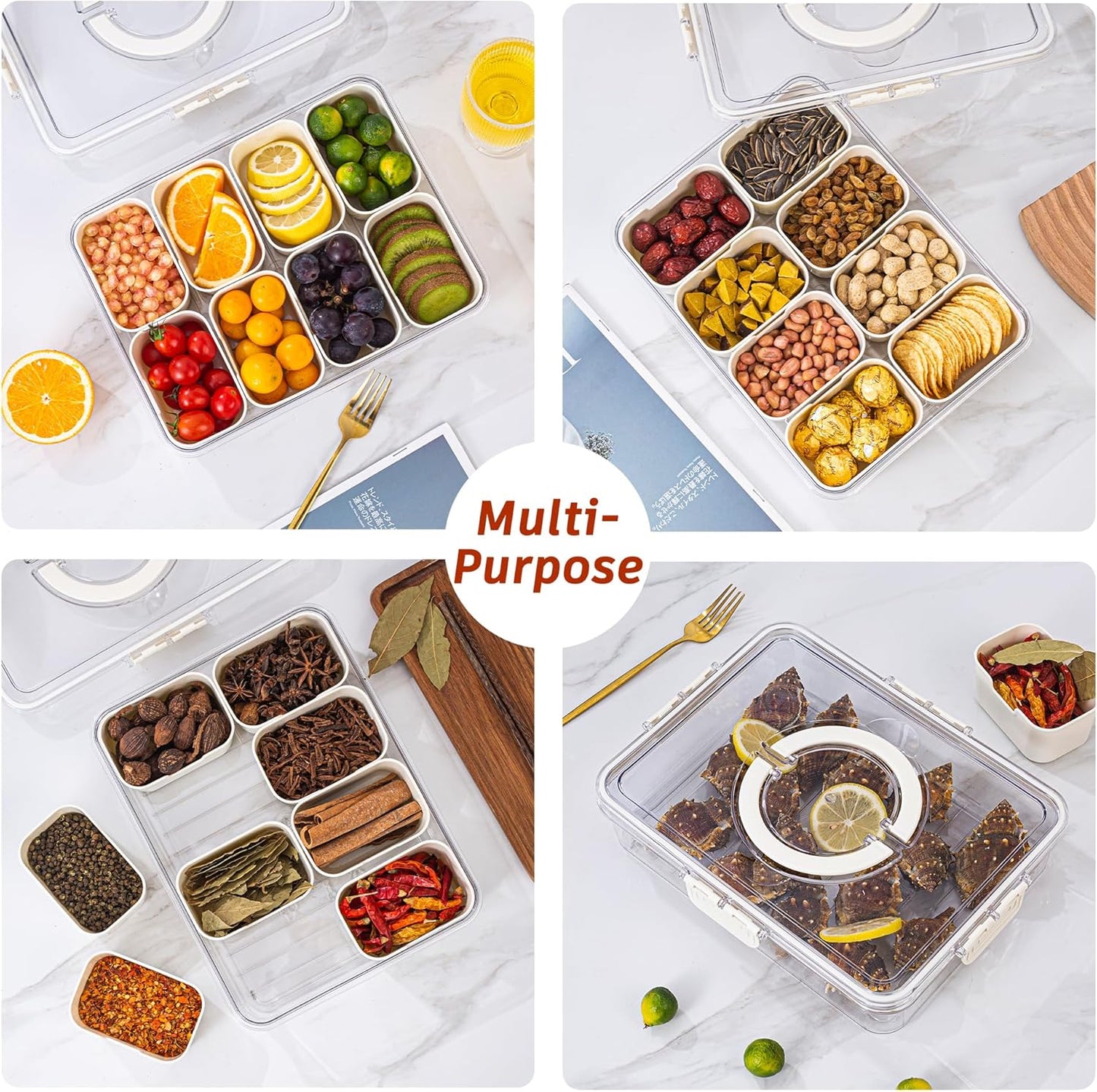 Spacesavvy Divided Serving Tray with Lid and Handle - Snackle Box Charcuterie Container for Portable Snack Platters - Clear Organizer for Candy, Fruits, Nuts, Snacks - Perfect for Party, Entertaining